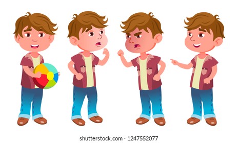 Boy Kindergarten Kid Poses Set Vector. Little Child. Having Fun. For Advertisement, Greeting, Announcement Design. Isolated Cartoon Illustration
