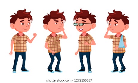 Boy Kindergarten Kid Poses Set Vector. Caucasian Child Expression. Broken Arm, Gglasses, Ill. For Banner, Flyer, Web Design. Isolated Cartoon Illustration