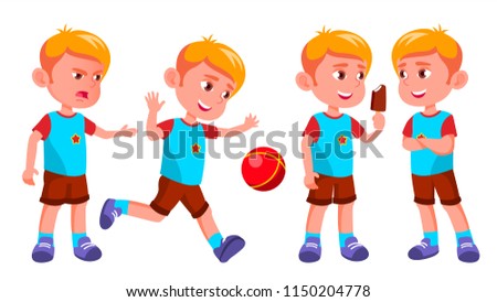 Boy Kindergarten Kid Poses Set Vector. Kiddy, Child Expression. Junior. For Postcard, Cover, Placard Design. Isolated Cartoon Illustration
