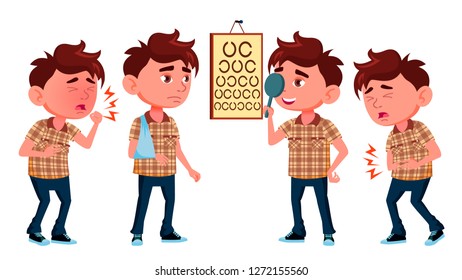 Boy Kindergarten Kid Set Vector. Broken Arm, Gglasses, Ill. Hospital, Doctor, Disease, Sight, Fracture, Virus, Cough. For Advertising, Booklet, Placard Design. Isolated Cartoon Illustration