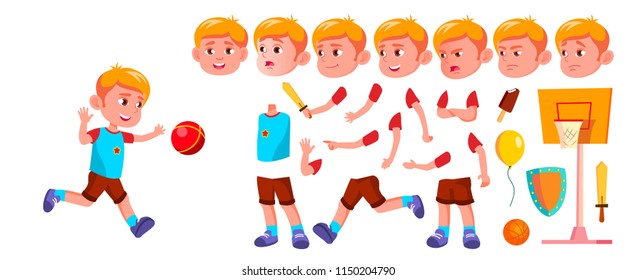 Boy Kindergarten Kid Vector. Animation Creation Set. Face Emotions, Gestures. Emotional Character Playing. Playground. For Banner, Flyer, Web Design. Animated. Isolated Cartoon Illustration
