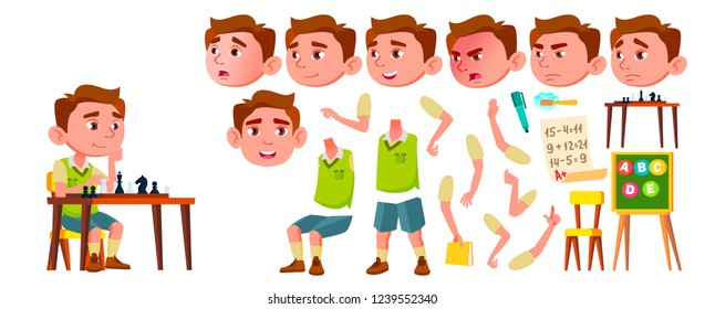 Boy Kindergarten Kid Vector. Animation Creation Set. Face Emotions, Gestures. Caucasian Child Expression. Activity. For Web, Poster, Booklet Design. Animated Isolated Illustration