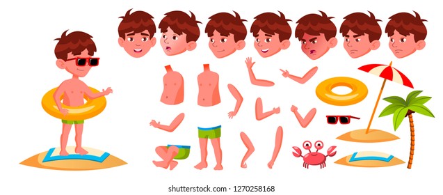 Boy Kindergarten Kid Vector. Animation Set. Emotions, Gestures. Summer Recreation. Vacation, Fun, Water Park, Beach,. For Web, Brochure, Poster Design. Animated. Isolated Cartoon Illustration