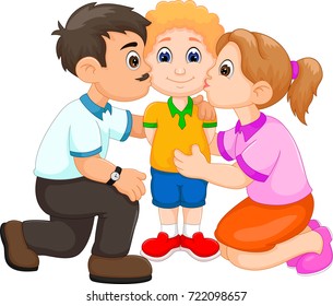 the boy kissed his father and mother cartoon with happiness