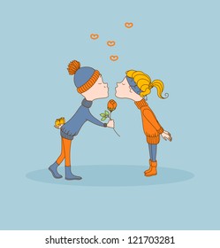 Boy kisses girl, gives gift and flower. Vintage valentine's day card. Vector illustration.