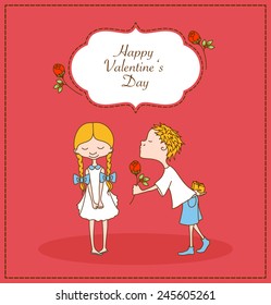 Boy kisses girl, gives gift and flower. Romantic Valentine's Day card. Vector illustration.