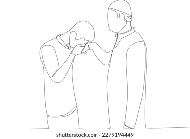 A boy kisses his father's hand. Silaturahim one-line drawing