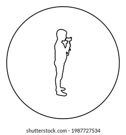 Boy kisses toy Child kiss giraffe Preschool Brother kissing amigurumi Son with gifts Teddy plaything presents friend for children kid silhouette in circle round black color vector illustration 