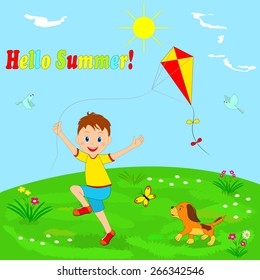 boy with a kite and a dog running through a meadow on a background of blue sky and inscriptions and hello summer, illustration, vector