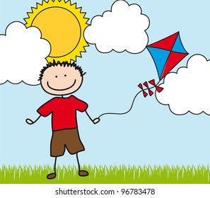 boy with kite  drawing over landscape. vector illustration
