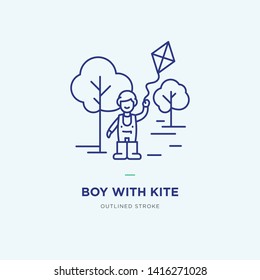 Boy with kite line icon