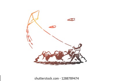 Boy, kite, park, sky, happy concept. Hand drawn little boy runs kite in the park concept sketch. Isolated vector illustration.