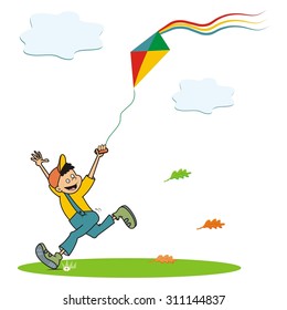 boy and kite running, cute vector illustration, autumn