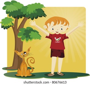 A boy with a kitten. A kitten and a boy with open arms. They are under a tree