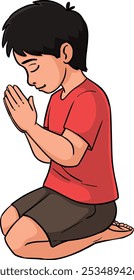 Boy Kneel Down Praying Vector, Indian Boy Praying God Illustration