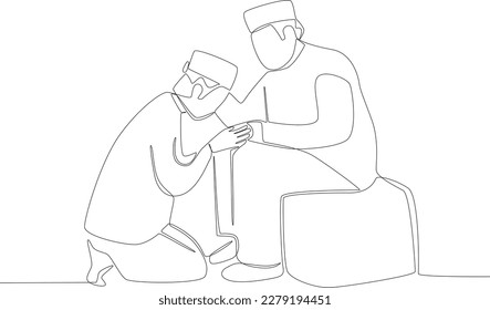 A boy kneeling apologizes to his father. Silaturahim one-line drawing