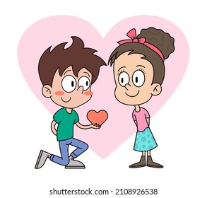 Boy Kneeling On One Knee and tells girl about her feelings. Confess to Your Crush cartoon illustration. Valentines day sticker. 