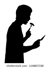 A boy with knife and fork for eating steak silhouette vector. Person food and drink concept.