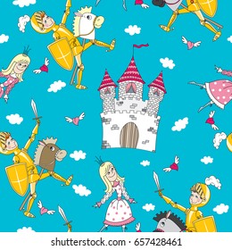 Boy knight with sword in armor on horse toy girl Princess castle with a flag, clouds, hearts with wings