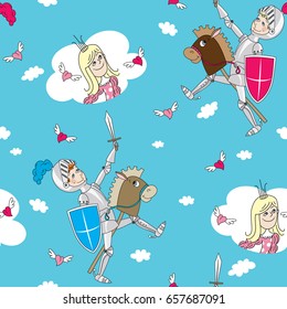 Boy knight with sword in armor on horse toy, girl Princess dress polka dot, clouds, hearts with wings