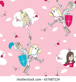 Boy knight with sword in armor on horse toy, girl Princess dress polka dot, clouds, hearts with wings