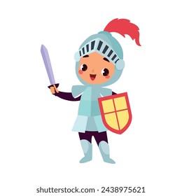 Boy Knight with Sword and Shield as Fairy Tale Character Vector Illustration