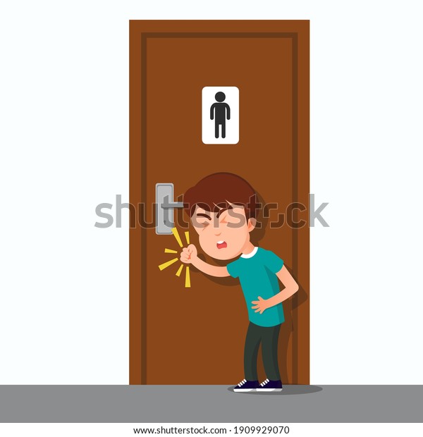 Boy knocked on the door of the toilet because he\
wanted to defecate