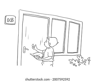 Boy knocks on neighbor's door to deliver cake Illustration