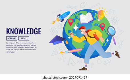 Niño con conocimiento de todo el mundo. Gente con información de fuentes en Background Globe. Aprendizaje a distancia. E-Learning. Formación en línea. Un niño escolar curioso inteligente quiere conocer la Ilustración vectorial