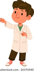 Um garoto em um jaleco aponta para algo.  Perfeito para materiais educativos e publicações infantis. Ilustração de vetor de desenhos animados.