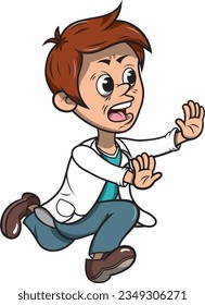 Boy in lab coat running, vector illustration without background.