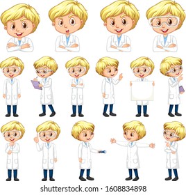 Boy in lab gown in different poses on white background illustration