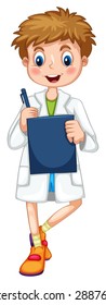 Boy in lab gown recording data