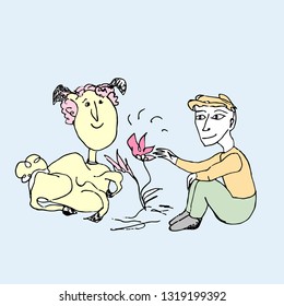 The boy with the lamb sitting on a clearning with flowers