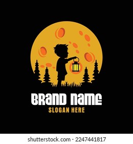 Boy with a Lantern Logo Design Template Inspiration, Vector Illustration.