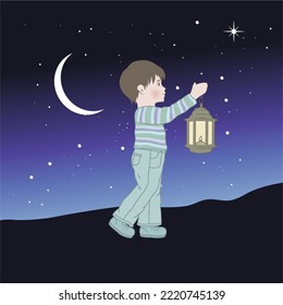 boy with lantern, vector artwork 