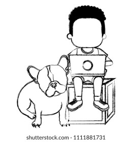 boy with laptop and cute dog