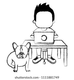 boy with laptop and cute dog