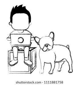 boy with laptop and cute dog
