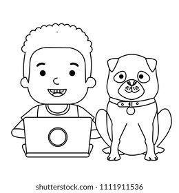 boy with laptop and cute dog