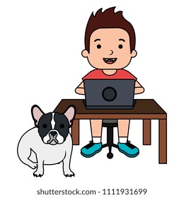 boy with laptop and cute dog