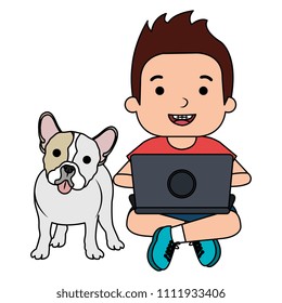 boy with laptop and cute dog