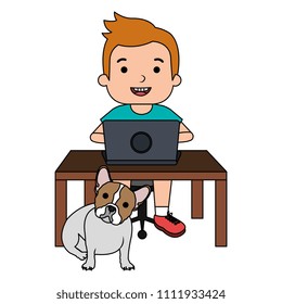 boy with laptop and cute dog