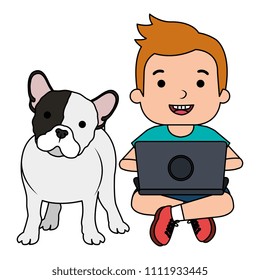 boy with laptop and cute dog