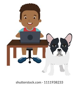 boy with laptop and cute dog