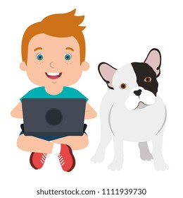 boy with laptop and cute dog