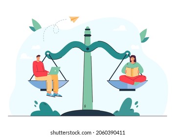 Boy with laptop and girl with book sitting on scale. Online and offline learning comparison flat vector illustration. Education concept for banner, website design, landing web page