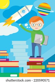 Boy with laptop in hand stands on books and shows rocket flying to planet. Back to school concept flat design cartoon style