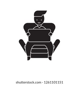 Boy with a laptop at home black vector concept icon. Boy with a laptop at home flat illustration, sign