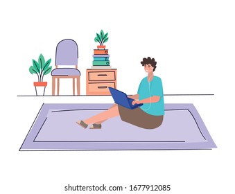 Boy with laptop at home design, Youth culture people cool person human profile and user theme Vector illustration